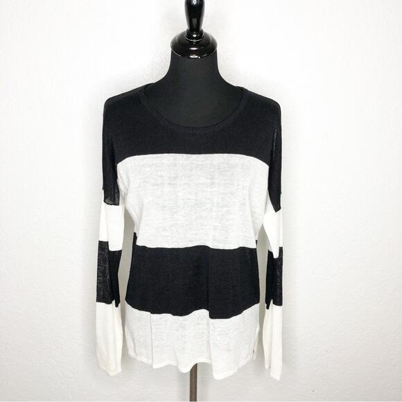 Line black white striped linen blend lightweight sweater top size Small - Picture 1 of 15
